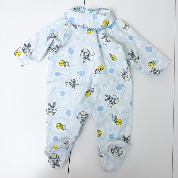 Vintage Baby Looney Tunes Tweety Bugs Bunny Footed Bodysuit Blue - 0-3 Months - Picture 6 of 8
